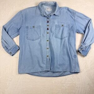 Vintage MARCEL CLAIR Denim Jean Shirt Womens Small Embroidered Butterflies 90s